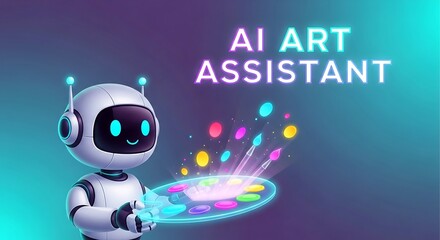 Ai art assistant robot holding a palette with brushes and colorful paint