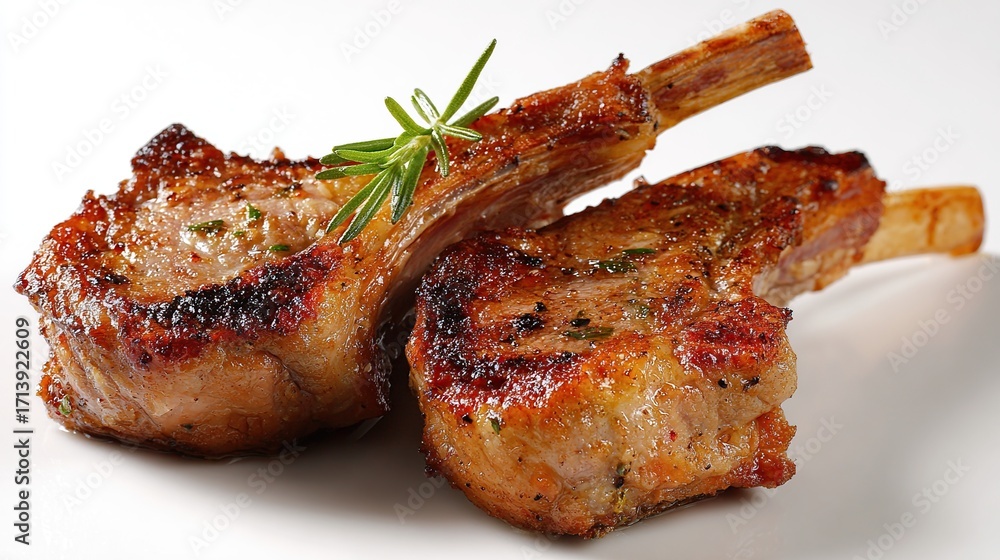 Two cooked lamb chops with rosemary sprigs on a white surface, golden ...