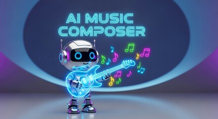 Artificial intelligence music composer robot playing electric guitar with notes