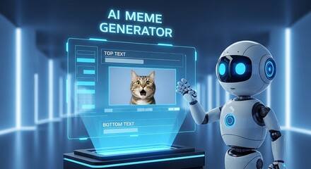 A robot creates a meme using ai meme generator with a surprised cat