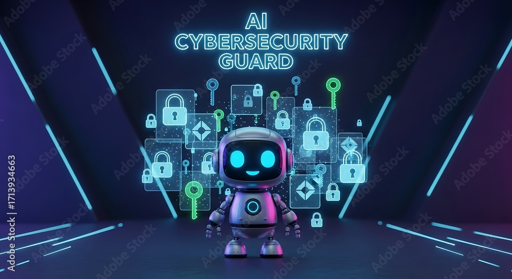 Ai cybersecurity guard robot protecting data with digital lock and key ...