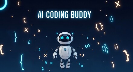 An ai coding buddy robot surrounded by code symbols on a dark background