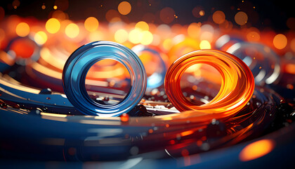 Abstract glass rings in blue and orange colors with glowing bokeh lights in background create vibrant and dynamic scene