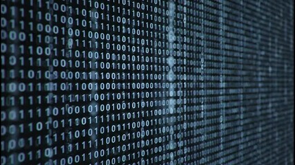 Dynamic binary code streams cascade across a futuristic digital screen, representing data flow and technology in motion