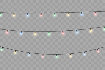 Wall Mural - Decorative Christmas garland with colorful glowing lamps on transparent background. Vector holiday light string for New Year celebration, Xmas decoration, festive invitation, winter event, or party ba