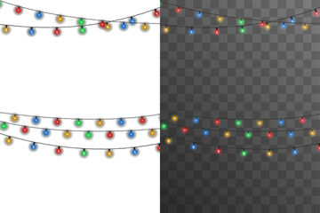 Wall Mural - Vector garland with colorful glowing Christmas lights isolated on transparent background. Decorative holiday light string for New Year, Xmas celebration, party invitation, greeting card, or seasonal b