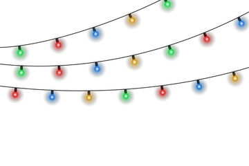 Wall Mural - Bright glowing garland with multicolored Christmas lights isolated on transparent background. Vector festive illumination decoration string for celebration, New Year event, or holiday greeting card.
