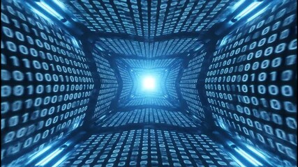 Dynamic digital tunnel of glowing binary code accelerates into bright futuristic light representing data flow and technological advancement