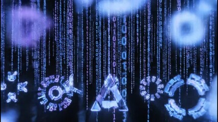 Dynamic digital rain of blue binary code streams through abstract glowing futuristic shapes in this captivating technological sequence.