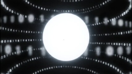 Dynamic glowing sphere pulsates with digital binary code streams creating an abstract futuristic technology concept