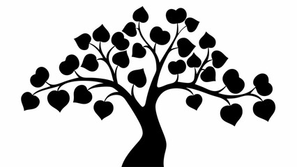Silhouette of a tree with heart shaped leaves and branches on a white background in a simple design