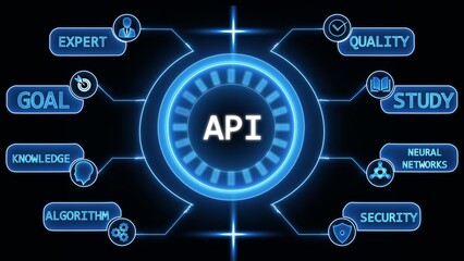 Application Programming Interface API concept with glowing blue digital network and icons technology