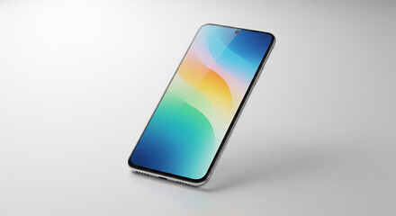 Modern frameless smartphone with a colorful abstract wallpaper on the screen, isolated on a clean white background. Digital device mockup for presentation or application design
