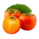 persimmon fruits with leaf isolated on white or transparent.