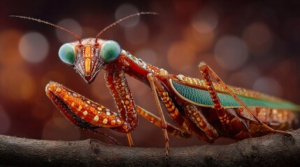 Praying mantis covered in dew drops on branch