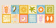 © John Lee - Retro summer stamp collection featuring tropical fruits palm trees and beach elements