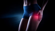 © Infinity in the lens - A woman touching her thigh with a highlighted red pain area, symbolizing muscle strain, injury, or hip discomfort.