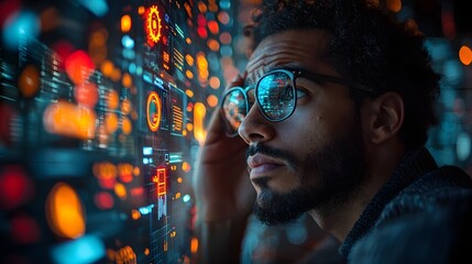 a man intently observes complex digital data visualizations glowing on a futuristic screen