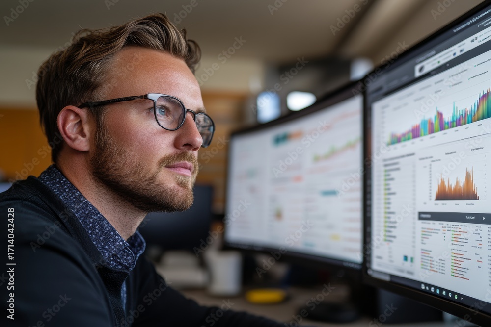 Data Analyst Using Dual Monitors To Review Operational Dashboard And Data Analyst Using Dual Monitors To Review Operational Dashboard And