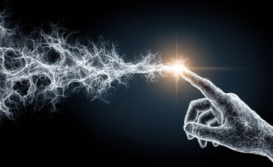 Digital finger pointing at electric spark symbolizing connection between artificial intelligence and data science technology, dynamic contrast with hand illuminated against dark background