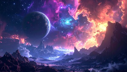 A celestial landscape with a vibrant nebula, planet, and mountains under a vividly colored sky. The scene evokes a sense of wonder and cosmic exploration