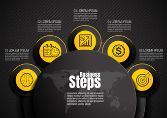 Wall Mural - Black and yellow 5 step infographic layout for presentation, timeline, workflow, and business report, simple clear icons and design elements, illustration template, not AI generated