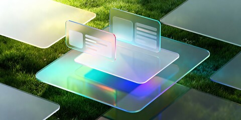 Holographic glass ui panels floating over grass with futuristic dashboard cards and neon gradient light in outdoor scene
