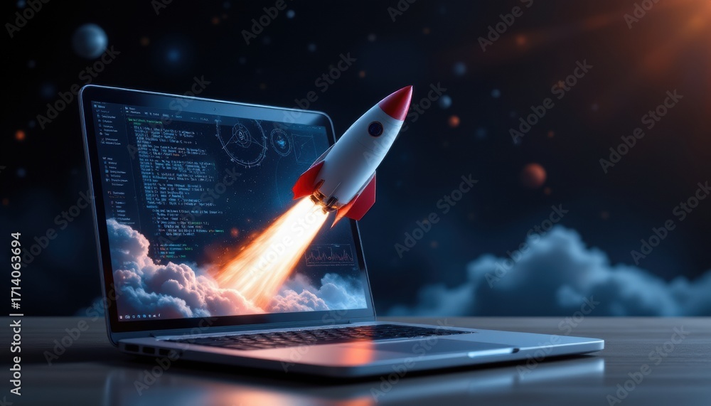 launching space rocket from laptop screen art prompt: create a visually ...