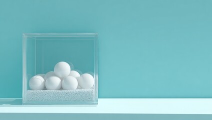 Clear box with white orbs on light teal background
