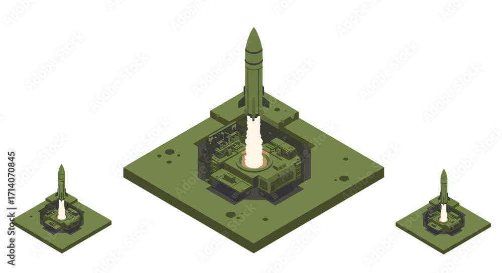 Isometric missile launch: military base scene with rocket and concrete ...