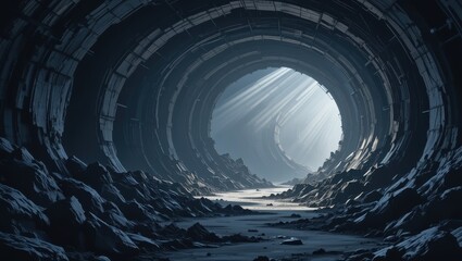 Wall Mural - A Mysterious Cave Tunnel Emitting Light with Rocky Textures and Shadows in an Abstract Environment