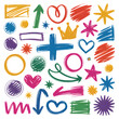© RAFIQ - A vibrant collection of colorful hand drawn scribbled shapes and icons including hearts stars arrows circles crowns and crosses on a black background perfect for design elements