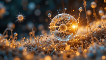 Wall Mural - Glowing Microbial Sphere Surrounded by Particles and Organic Textures in Abstract Environment