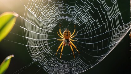 Close Up of a Yellow Spider Centered in Intricate Web Surrounded by Greenery in Natural Light