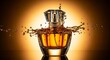 © Riniphoto - Luxury amber perfume bottle with dynamic splash and golden studio lighting.