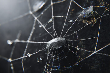 Close-up of a spider web with dewdrops glistening on its intricate strands.