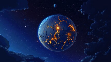 Wall Mural - Stunning Digital Artwork of a Fractured Blue Exoplanet with Dramatic Glowing Rifts in Space