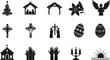 © Bappi Creatives - Religious icons and Christian symbols set, including Christmas, Easter, cross, nativity, angel, church, prayer, and worship graphics.