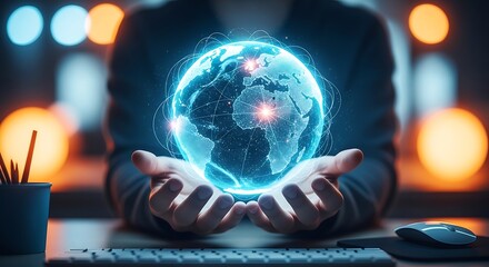 Person holding a glowing digital globe with network connections and data points