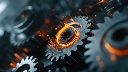 Abstract glowing gears with orange light symbolizing feature engineering and data processing.