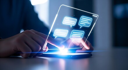 Person using a smartphone with a holographic interface displaying chat bubbles, representing digital communication and messaging