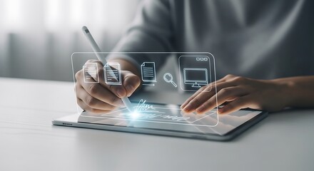 Person using a stylus on a tablet with a holographic interface, representing digital transformation and workflow management