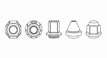 Five wheel nuts arranged in a row against a white background showing different designs, Cinco tuercas de rueda dispuestas en fila contra un fondo blanco que muestra diferentes diseños.