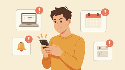 Man holding phone with notification icons around him illustration