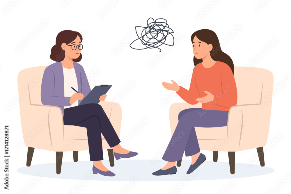 
Psychology therapy counseling. Psychologist talking with patient. Woman with stress, depression or mental problem.Vector illustration