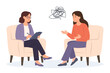 © Oksana - Psychology therapy counseling. Psychologist talking with patient. Woman with stress, depression or mental problem.Vector illustration
