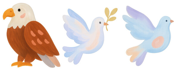 Wall Mural - PNG Illustration of an eagle and two doves with olive branches element set on transparent background.
