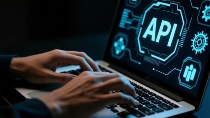 Software developer typing on laptop with API interface on screen, coding and programming technology concept 
