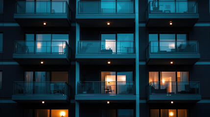 Modern apartment building facade with illuminated windows, glass balconies, and energy usage displays at dusk