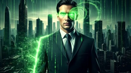 Futuristic Business Man with Cityscape and Digital Energy Effect Video Overlay
